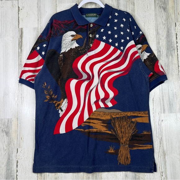 Vintage USA Eagle Flag Polo Shirt Men's XL Allover Graphic Patriotic Americana‎ - Picture 1 of 10